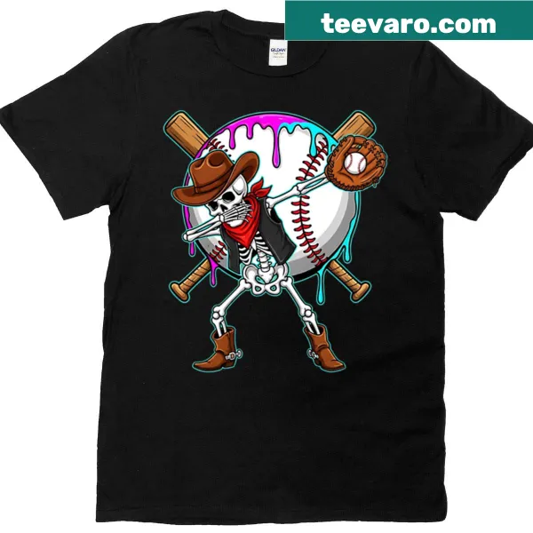Cowboy skeleton dabbing with baseball and ice cream Halloween t-shirt