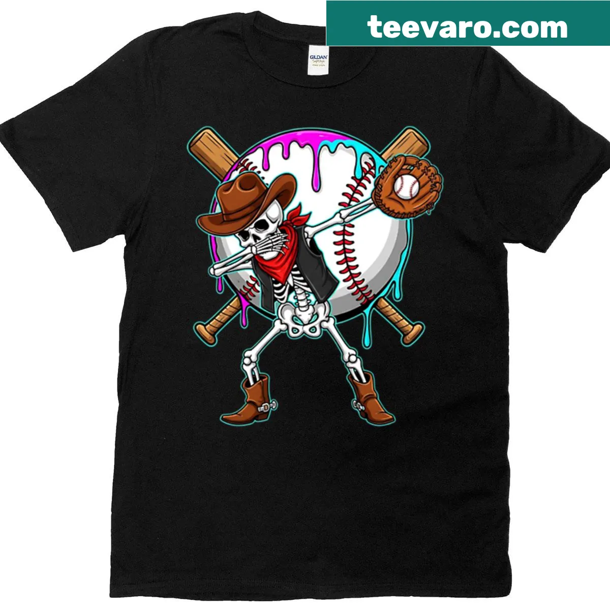 Cowboy skeleton dabbing with baseball and ice cream Halloween t-shirt — on a men's t-shirt