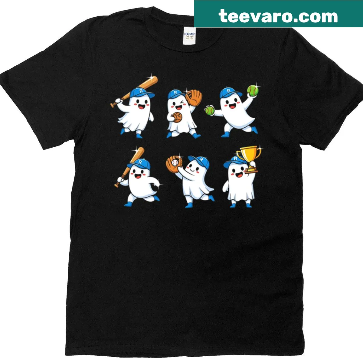 T-shirt featuring a ghost pitcher and catcher in Halloween theme — on a men's t-shirt
