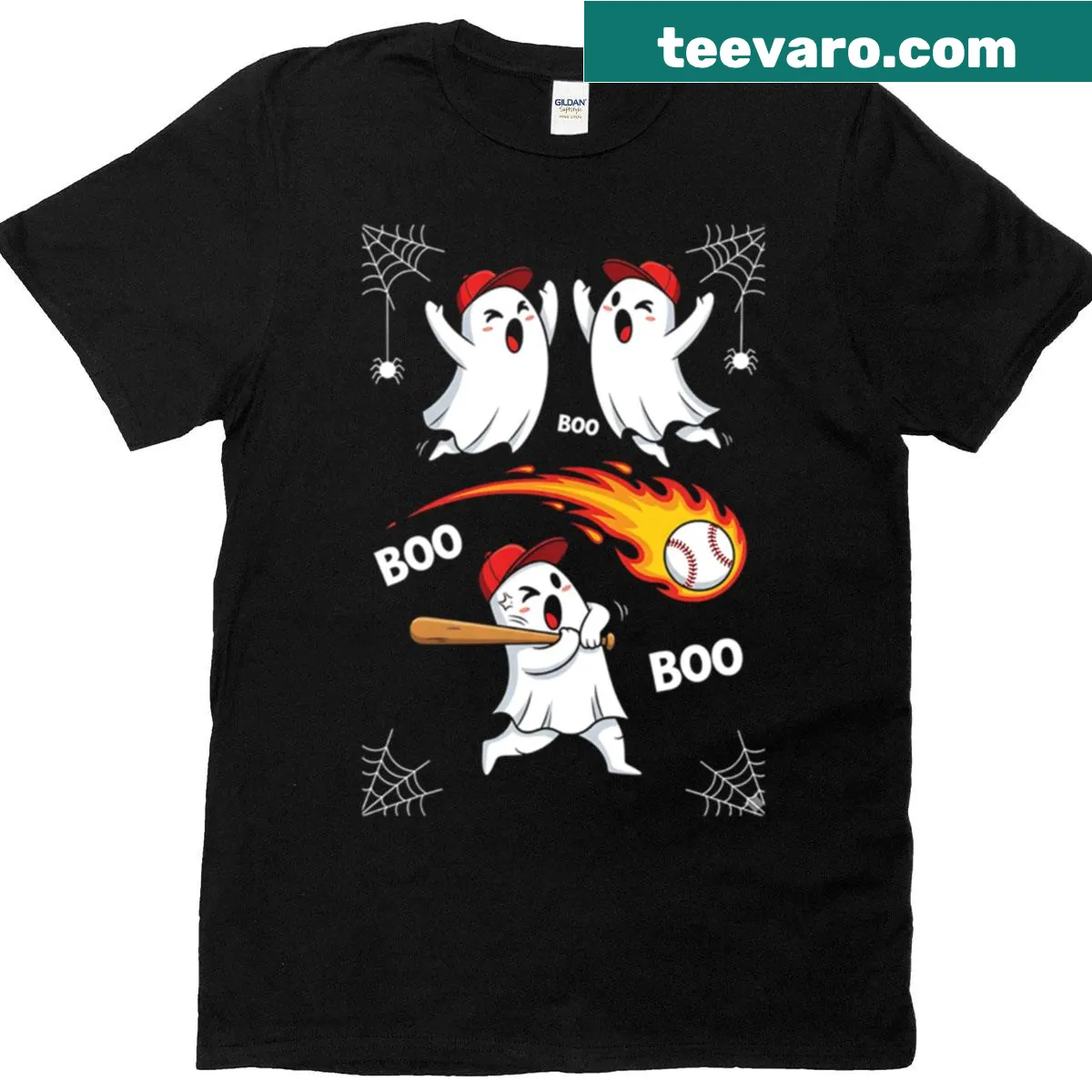 Graphic of a ghost baseball team with a flaming ball for Halloween. — on a men's t-shirt
