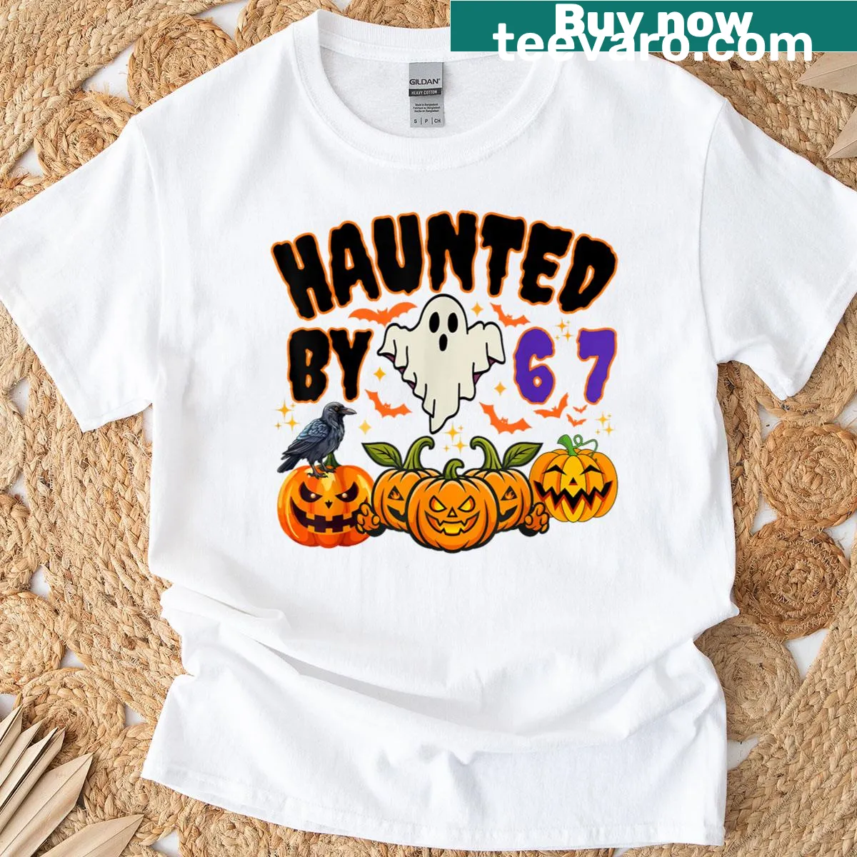 Bold typography T-shirt with 'Haunted By 67' text for Halloween — on a men's t-shirt