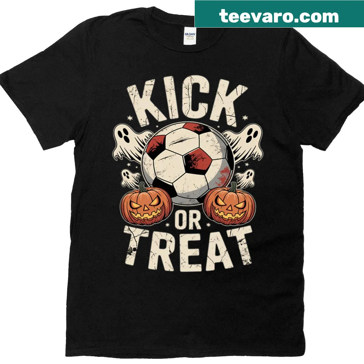 Halloween-themed t-shirt merging football and soccer elements — on a men's t-shirt