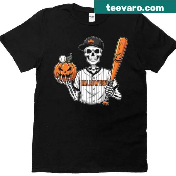 Cartoon skeleton playing baseball with a pumpkin graphic