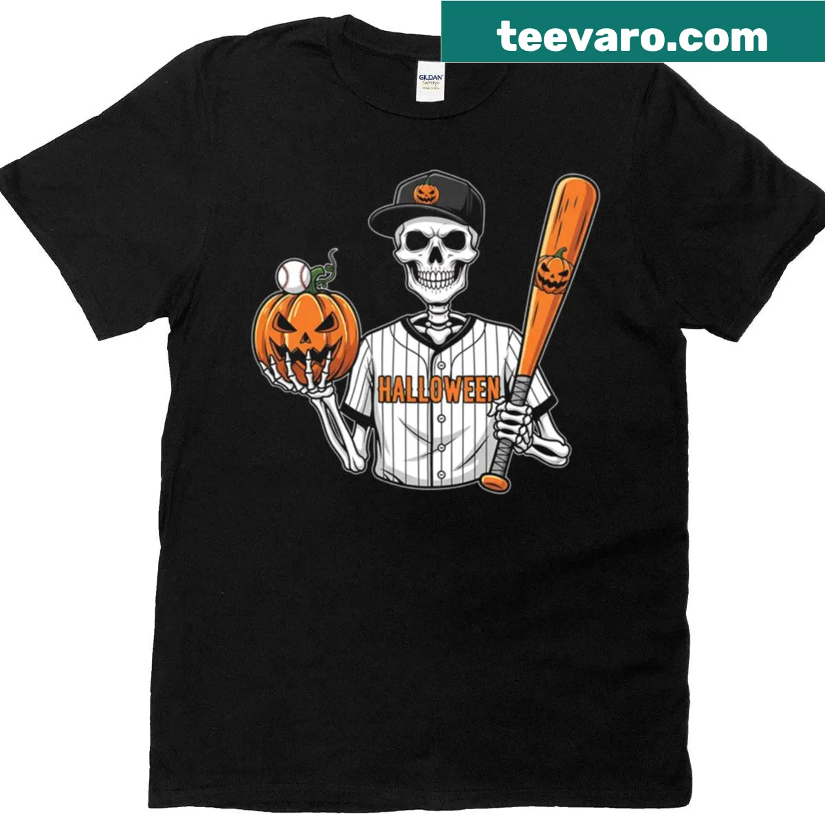 Cartoon skeleton playing baseball with a pumpkin graphic — on a men's t-shirt