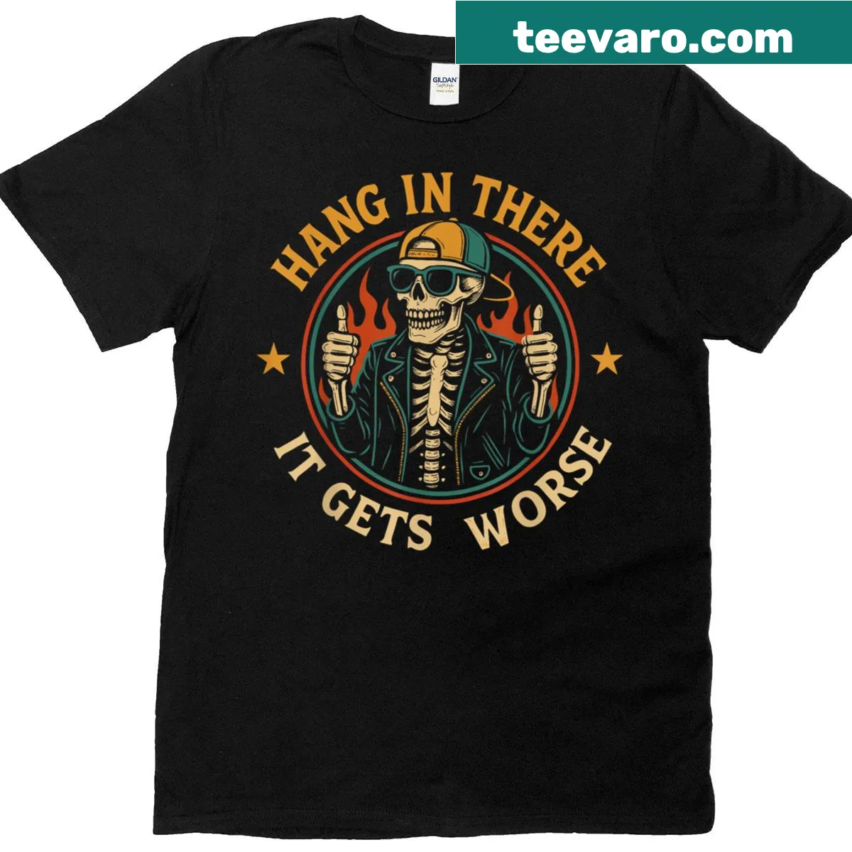 Graphic of a skeleton in flames with humorous text — on a men's t-shirt