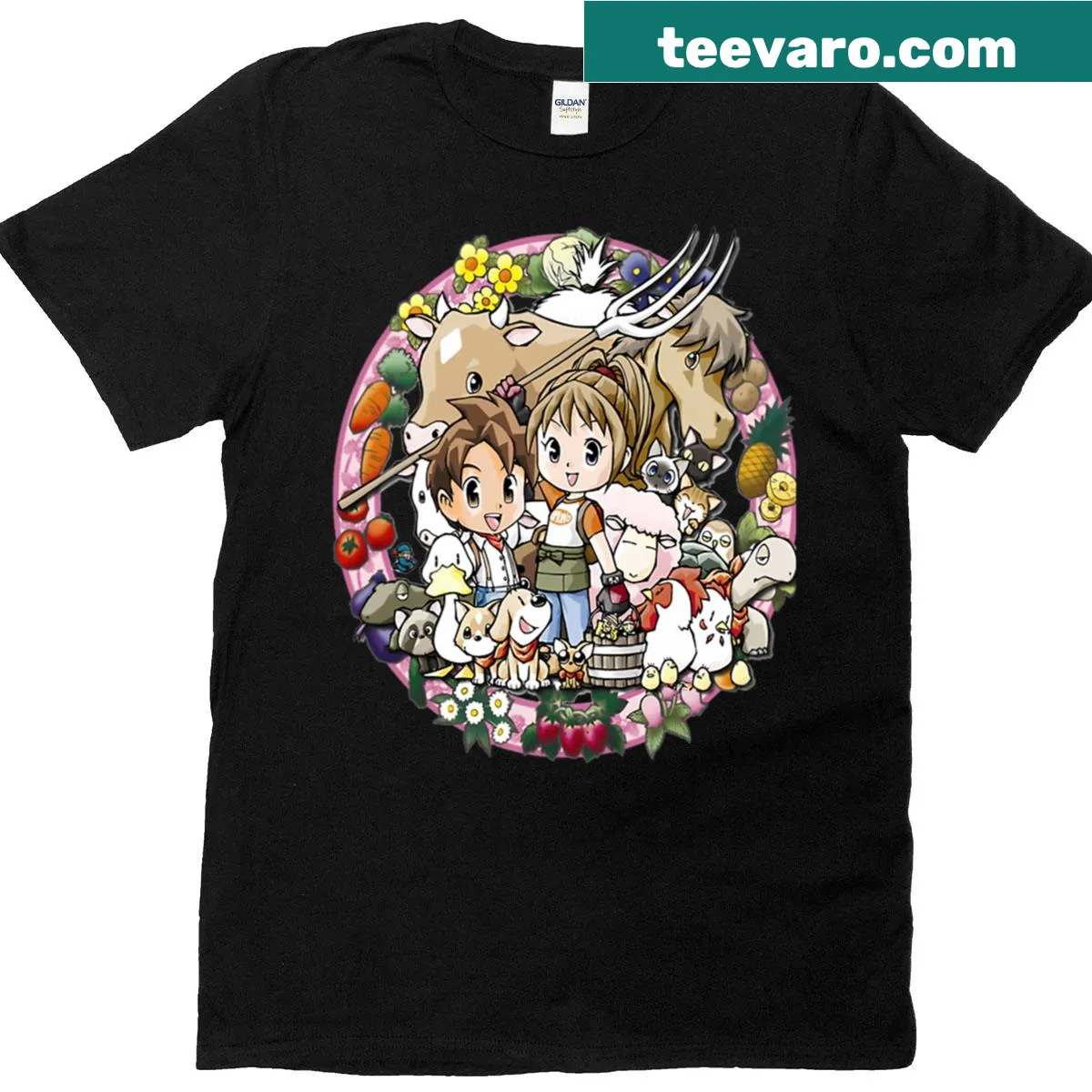 Illustration of a harvest moon surrounded by clouds and stars — on a men's t-shirt