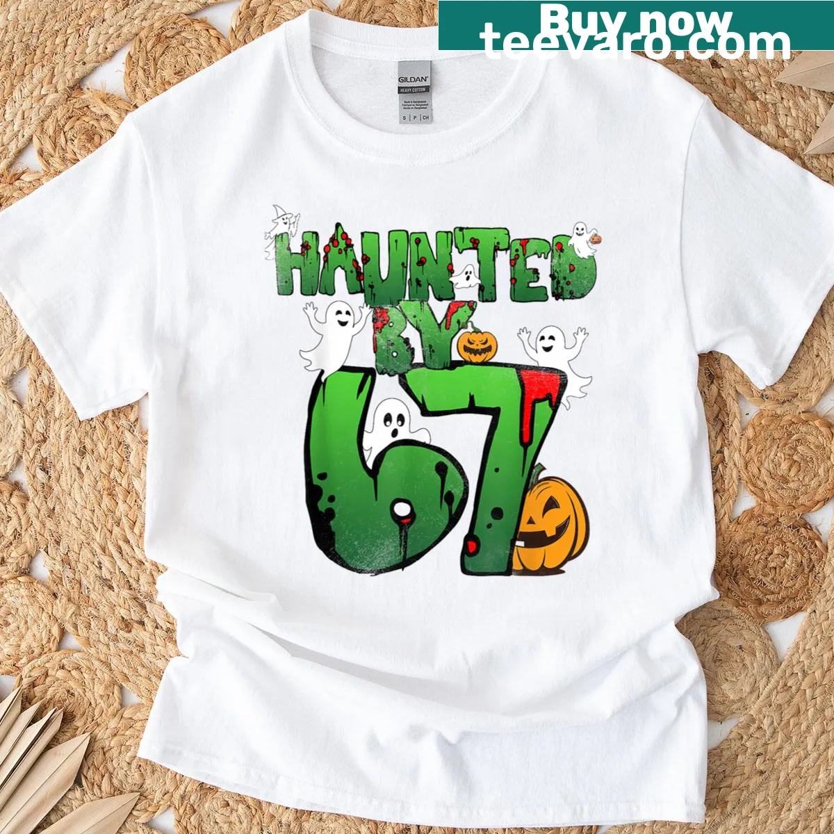 Haunted By 6 7 t-shirt with bold, eerie typography — on a men's t-shirt