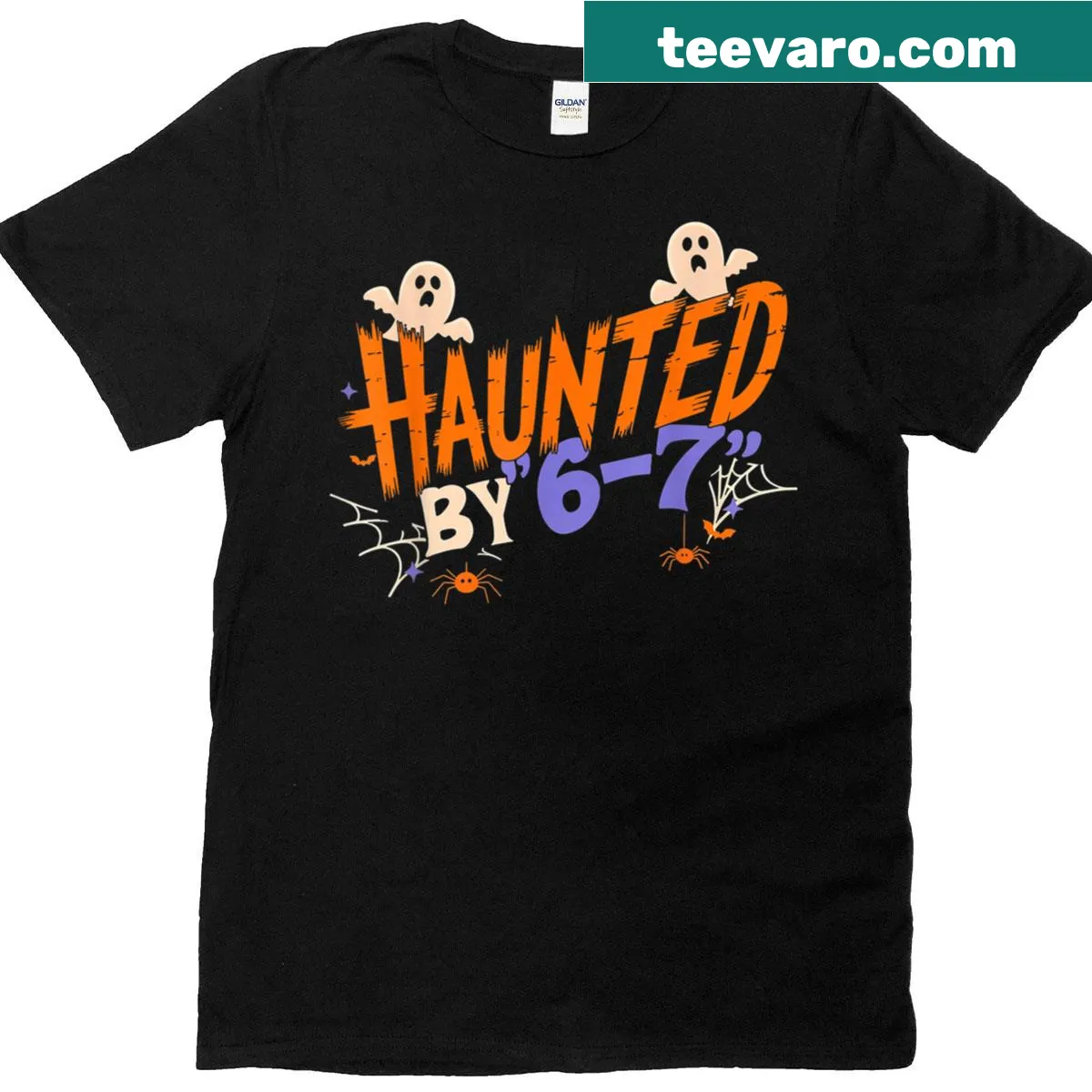 Funny Halloween t-shirt with Haunted By 6-7 text design — on a men's t-shirt