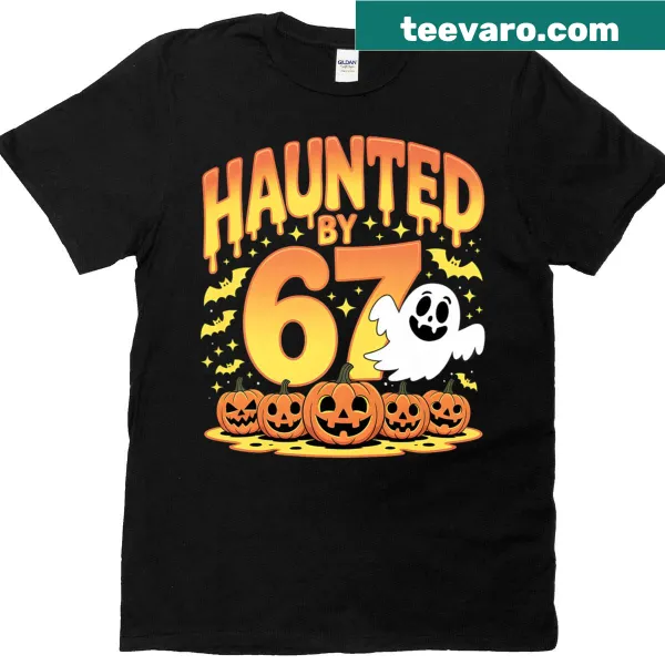 T-shirt featuring 67 ghosts and pumpkins in a Halloween design