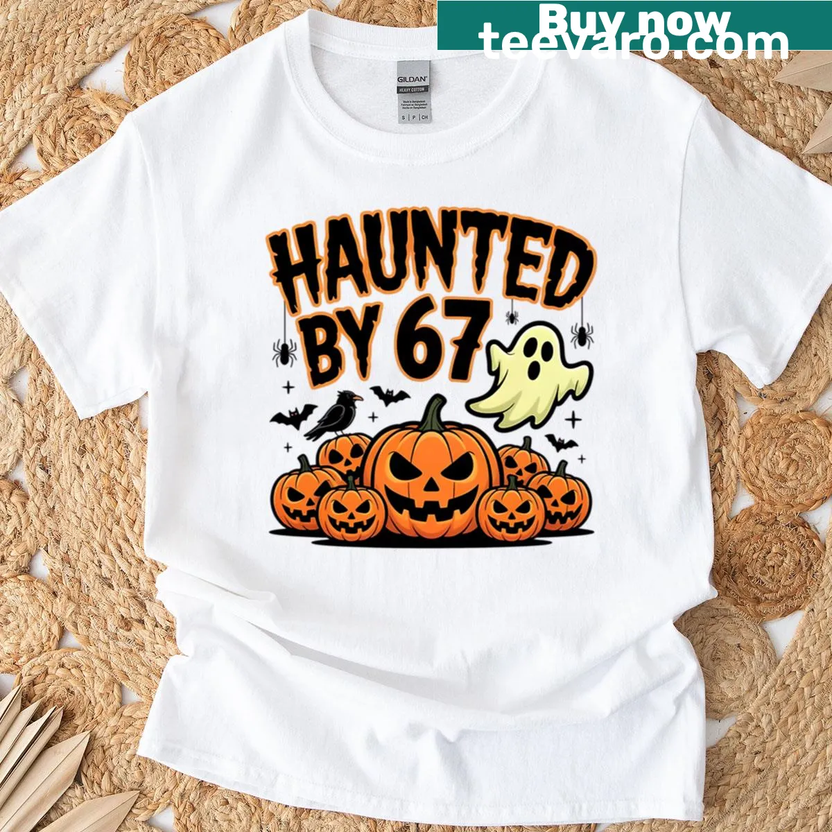 Cartoon t-shirt featuring 67 pumpkins and a ghost for Halloween — on a men's t-shirt