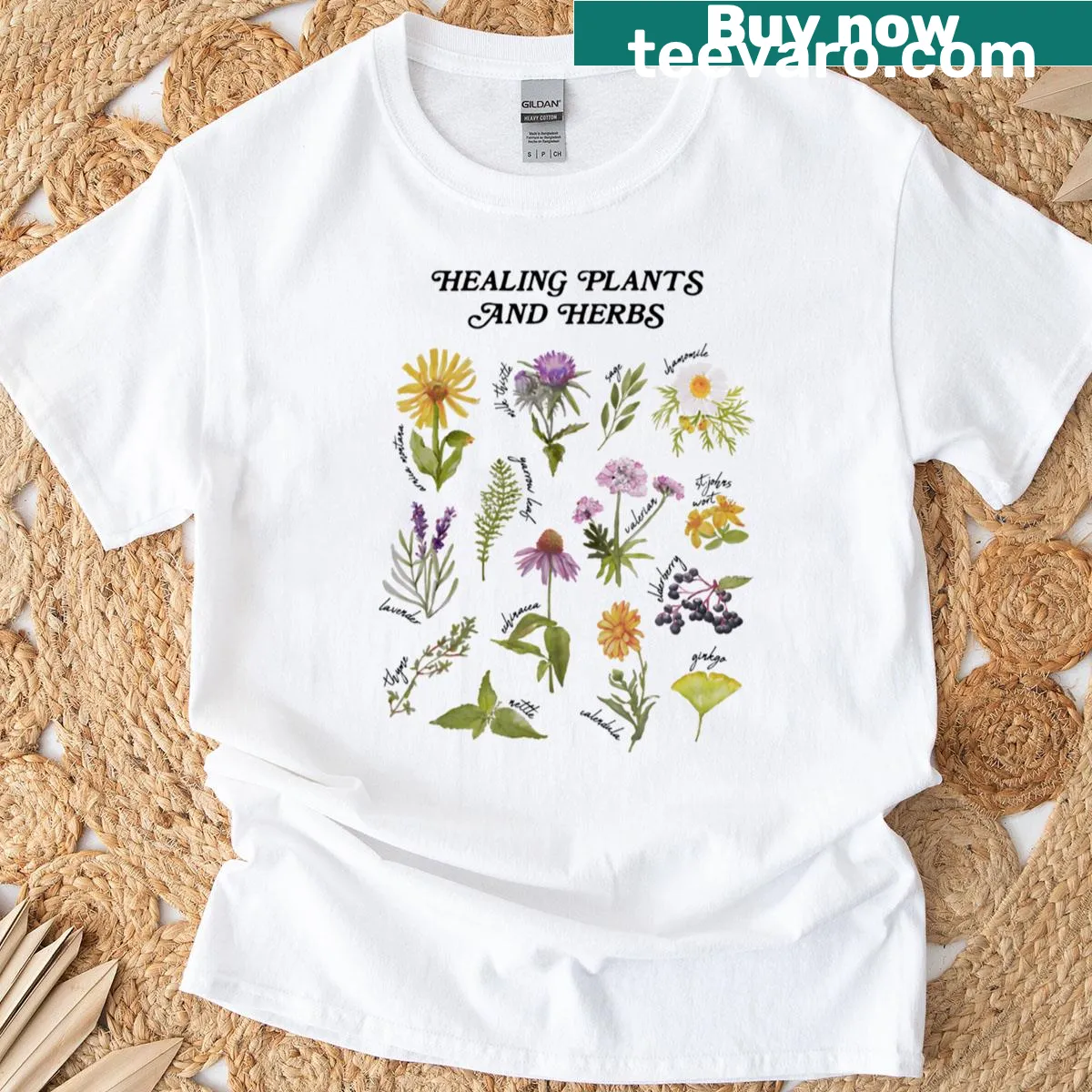T-shirt featuring a collage of healing plants and herbs design. — on a men's t-shirt