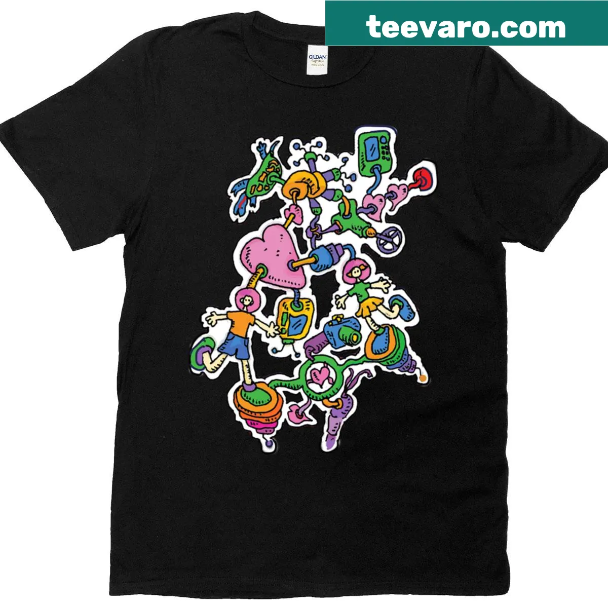Graphic of hearts and mechanical elements in a creative design — on a men's t-shirt