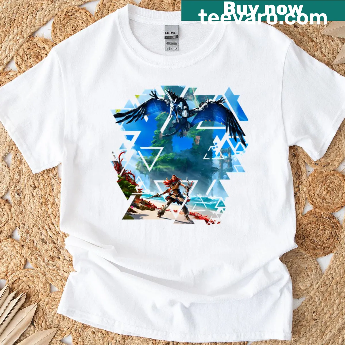 Minimalist t-shirt featuring the game title Horizon Forbidden West — on a men's t-shirt