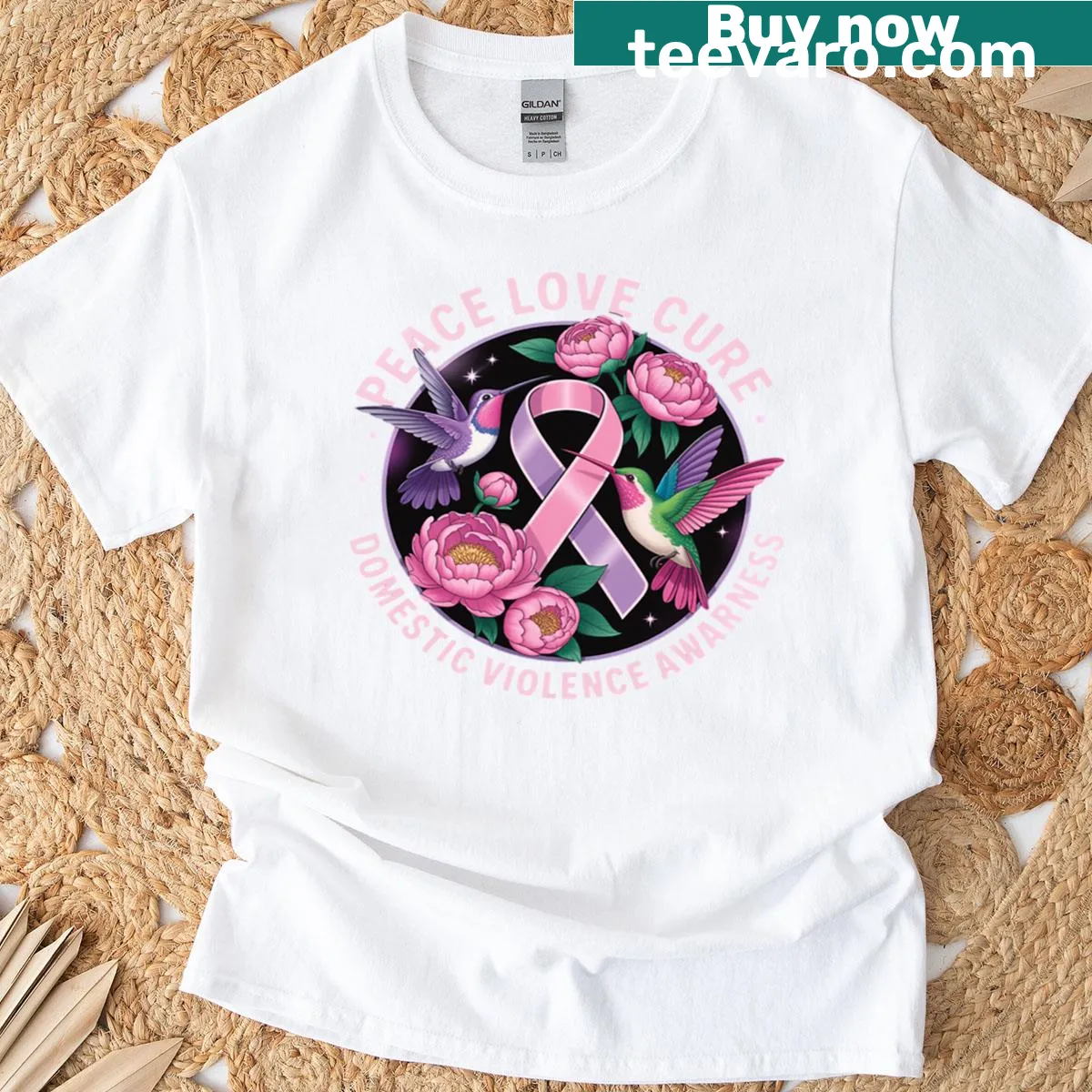 Illustrated hummingbird with text promoting peace and love for awareness. — on a men's t-shirt