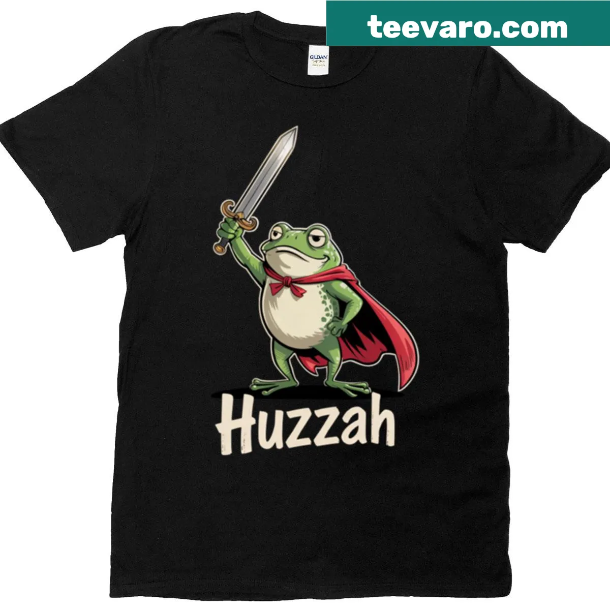 Funny retro T-shirt featuring a frog knight with sword and meme quote — on a men's t-shirt