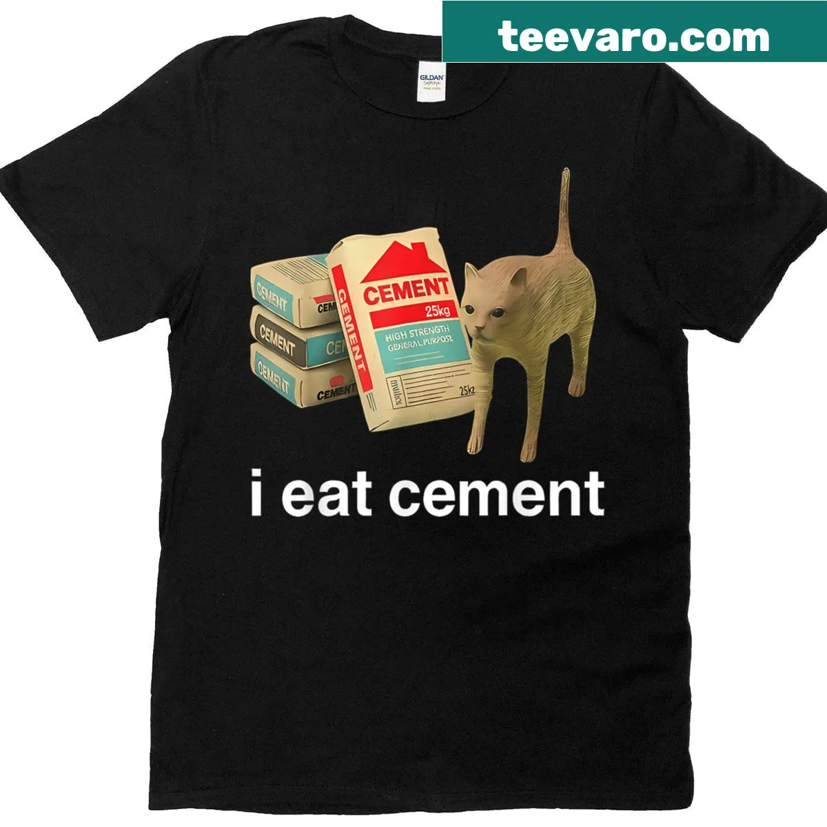 Funny meme t-shirt featuring a humorous illustration of a cat eating cement — on a men's t-shirt