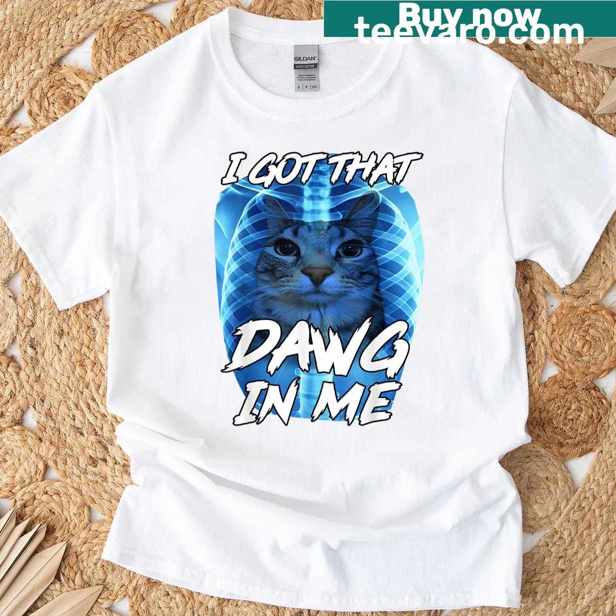 Funny cat meme t-shirt with x-ray cat brain and humorous text — on a men's t-shirt