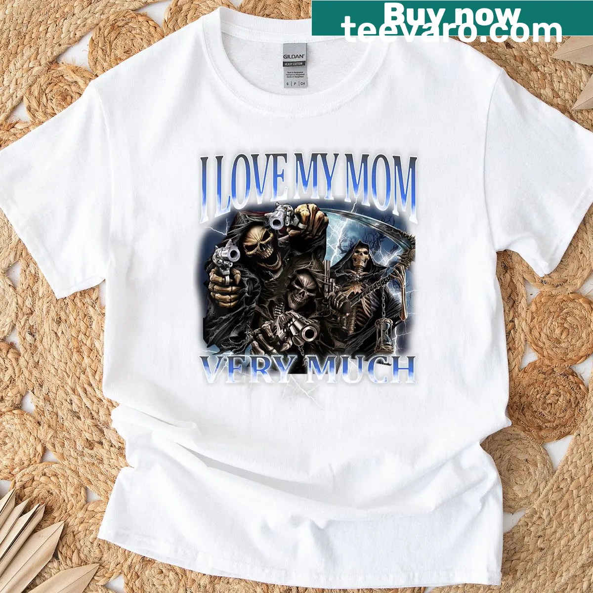 Funny t-shirt blending 'I Love My Mom Very Much' with a skeleton graphic. — on a men's t-shirt