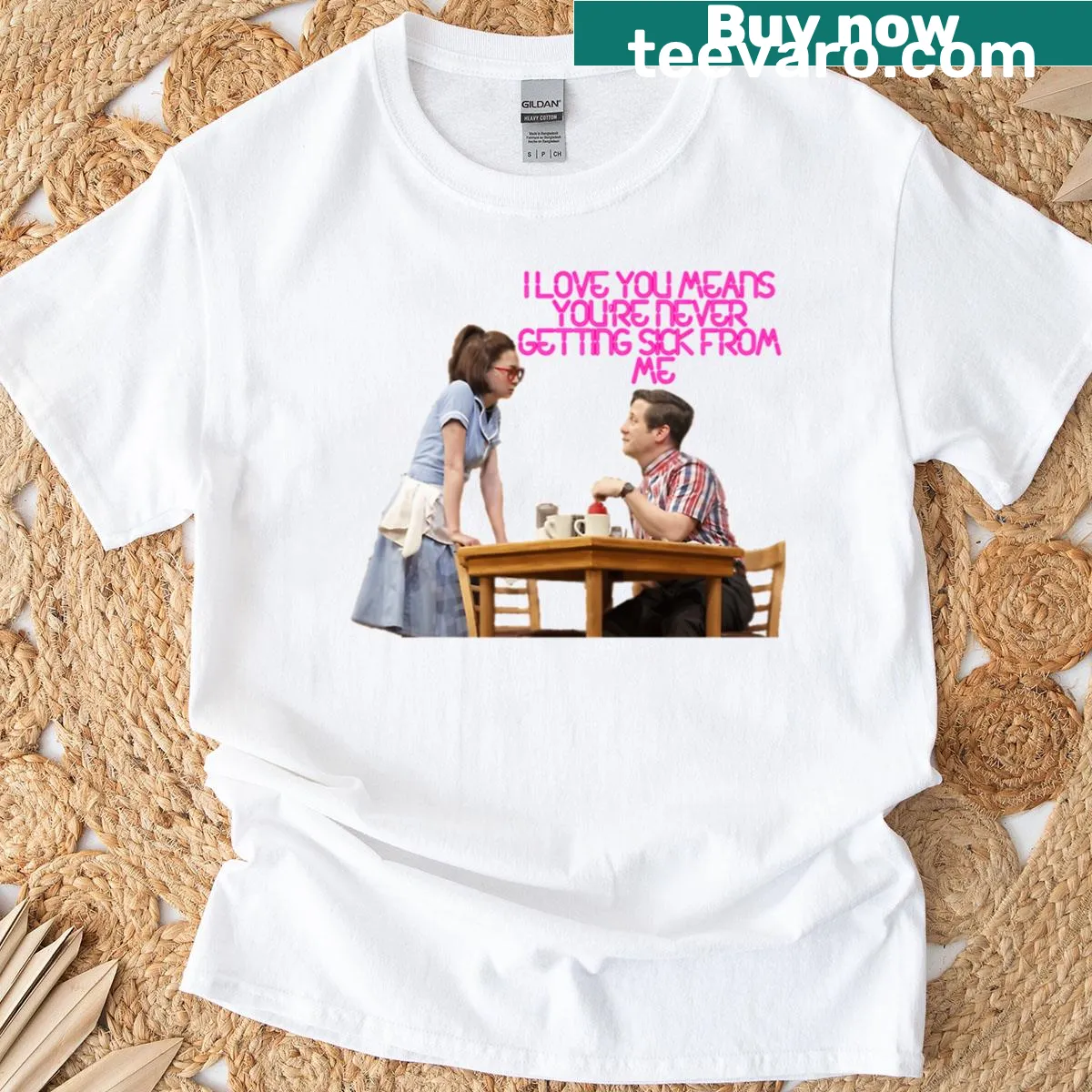Playful waitress-themed t-shirt with the phrase 'I Love You' — on a men's t-shirt