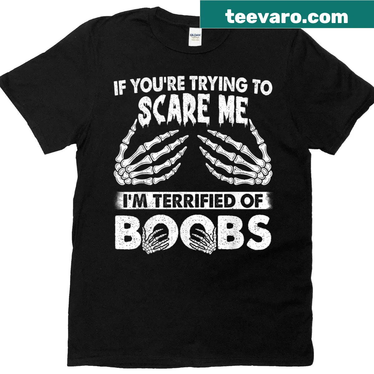 Edgy T-shirt with a humorous saying about fear and humor — on a men's t-shirt