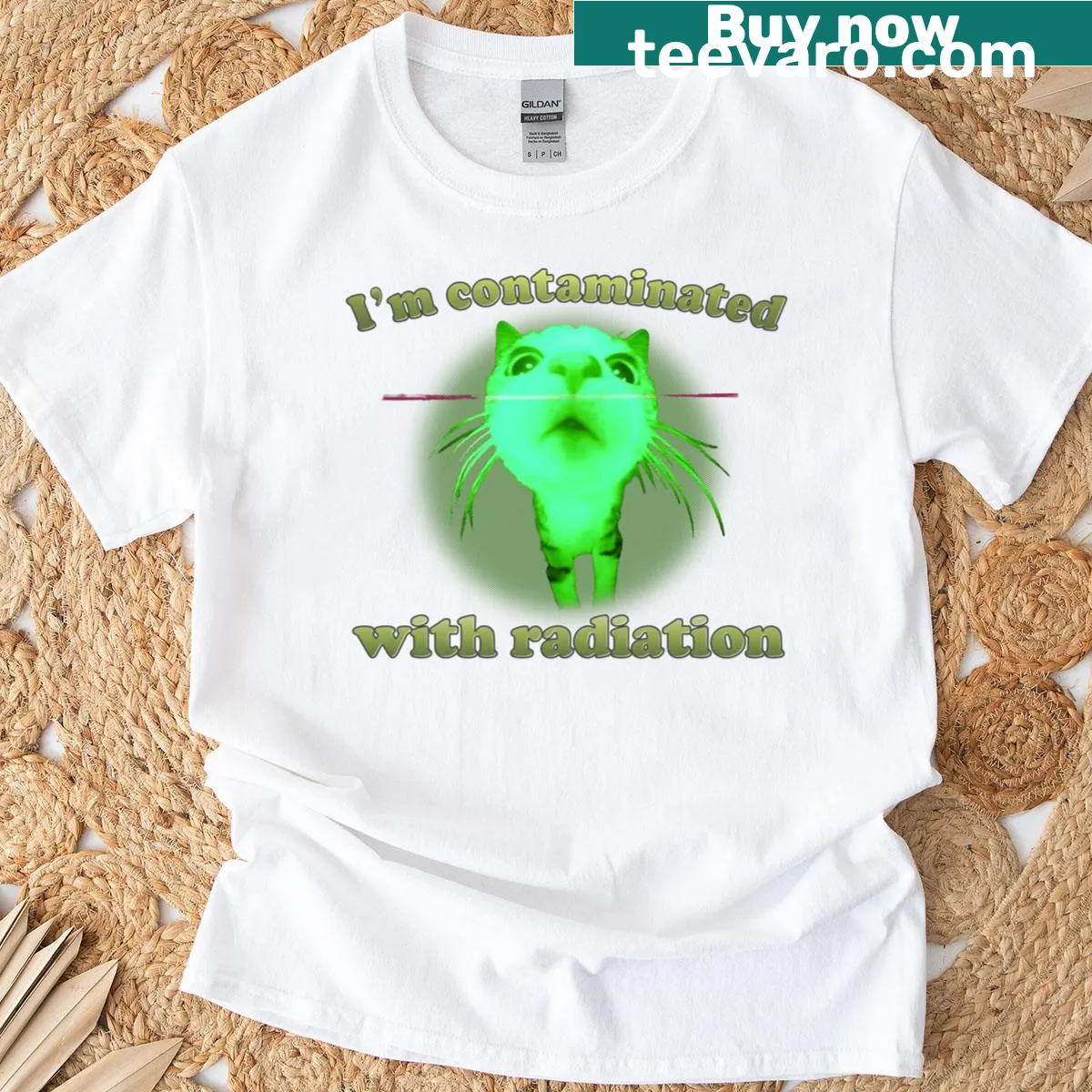 Funny cat meme t-shirt with a radiation theme — on a men's t-shirt