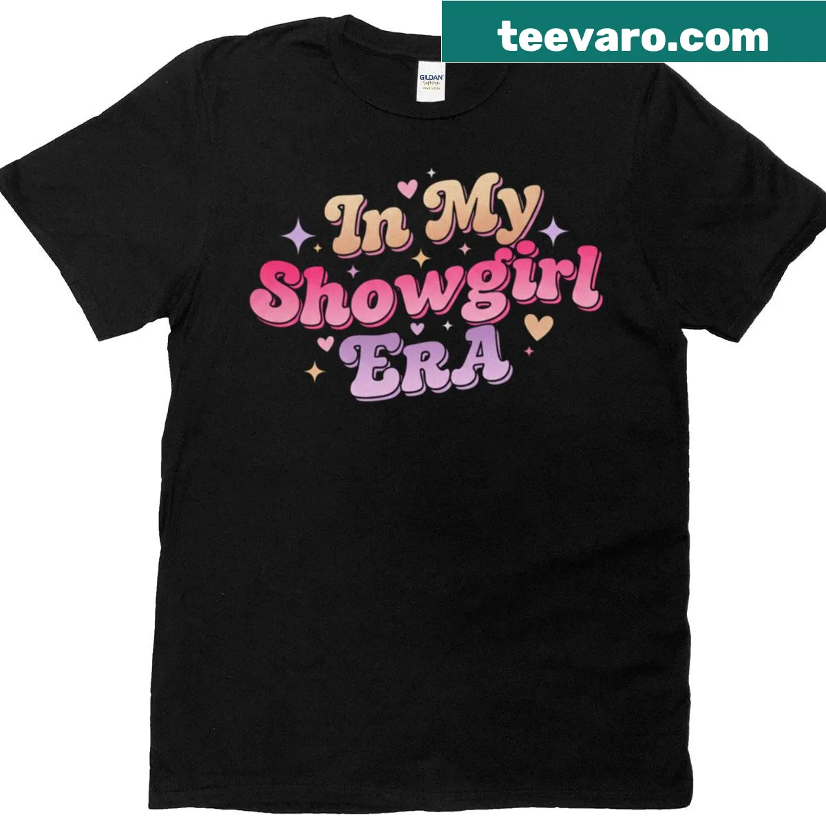 Playful T-shirt with bold text celebrating a showgirl era theme — on a men's t-shirt
