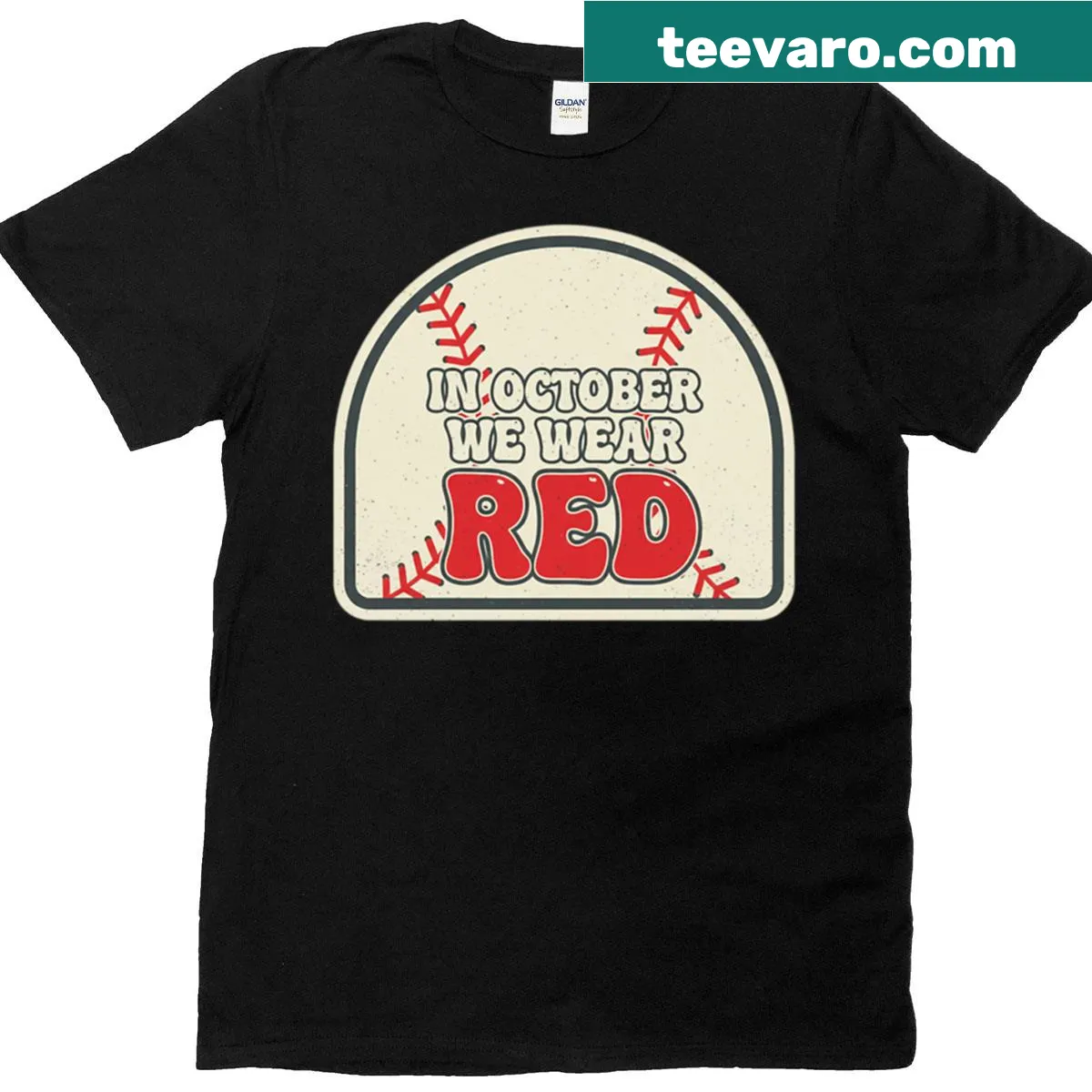 Baseball-themed t-shirt promoting wearing red in October — on a men's t-shirt