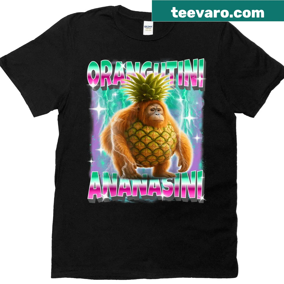 T-shirt with a whimsical orangutan and pineapple graphic design. — on a men's t-shirt