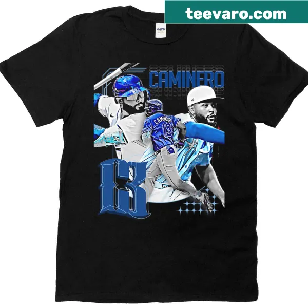 Illustration of J Caminero in action on a baseball t-shirt