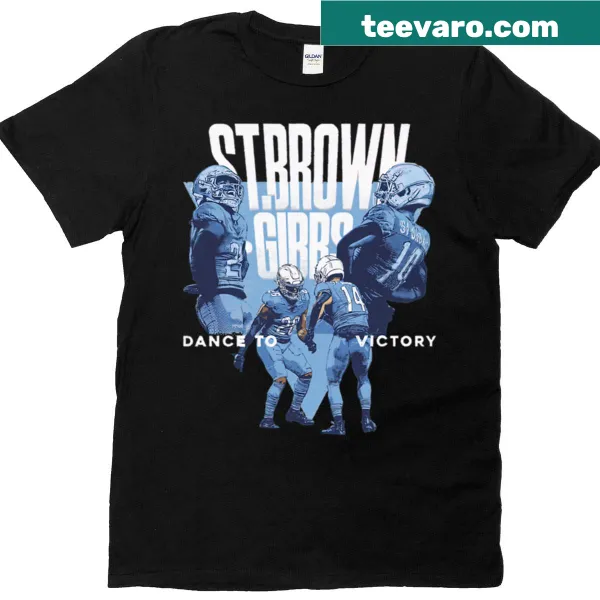 Graphic t-shirt featuring Jahmyr Gibbs and Amon-ra St. Brown in a victory dance