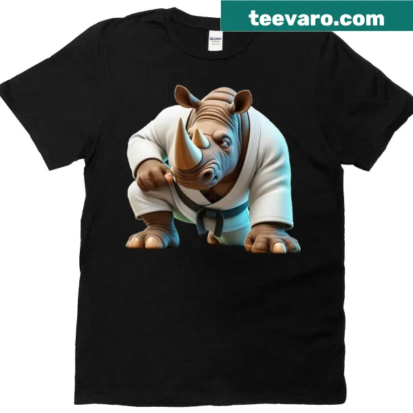 Cartoon graphic of a judo rhinoceros on a T-shirt design.