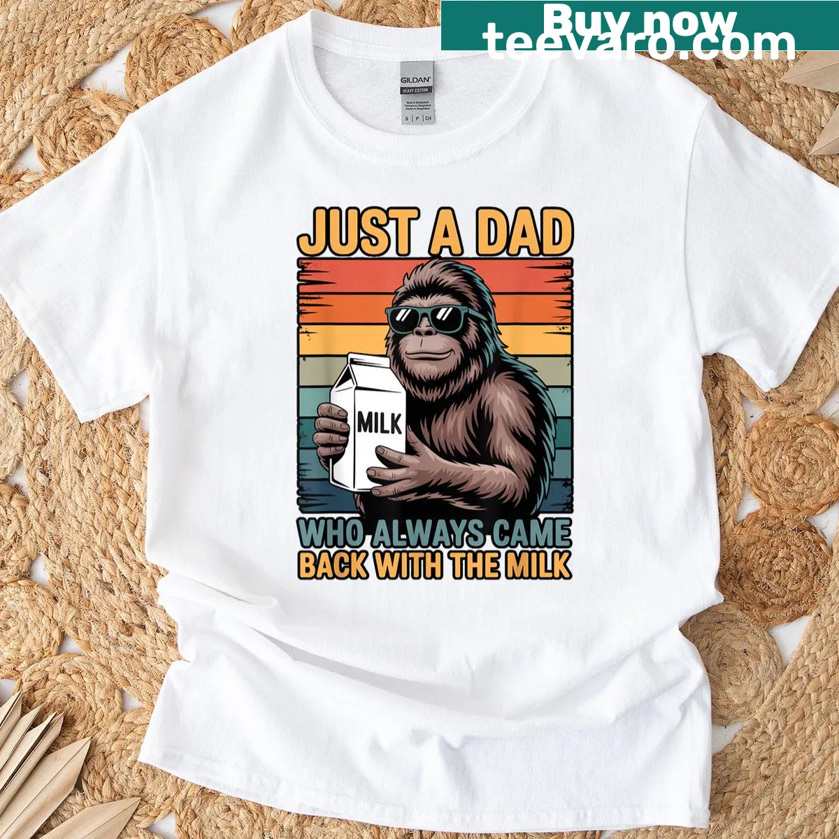 Funny Sasquatch dad T-shirt with humorous text about bringing back milk — on a men's t-shirt