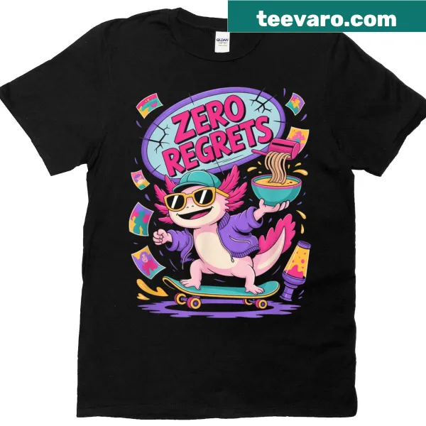 Kawaii axolotl with ramen chaos graphic on a T-shirt.