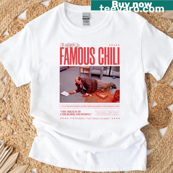 T-shirt featuring playful graphics celebrating Kevin's Famous Chili.