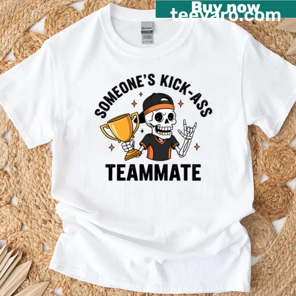 Cartoon skeleton T-shirt celebrating teamwork with playful graphics