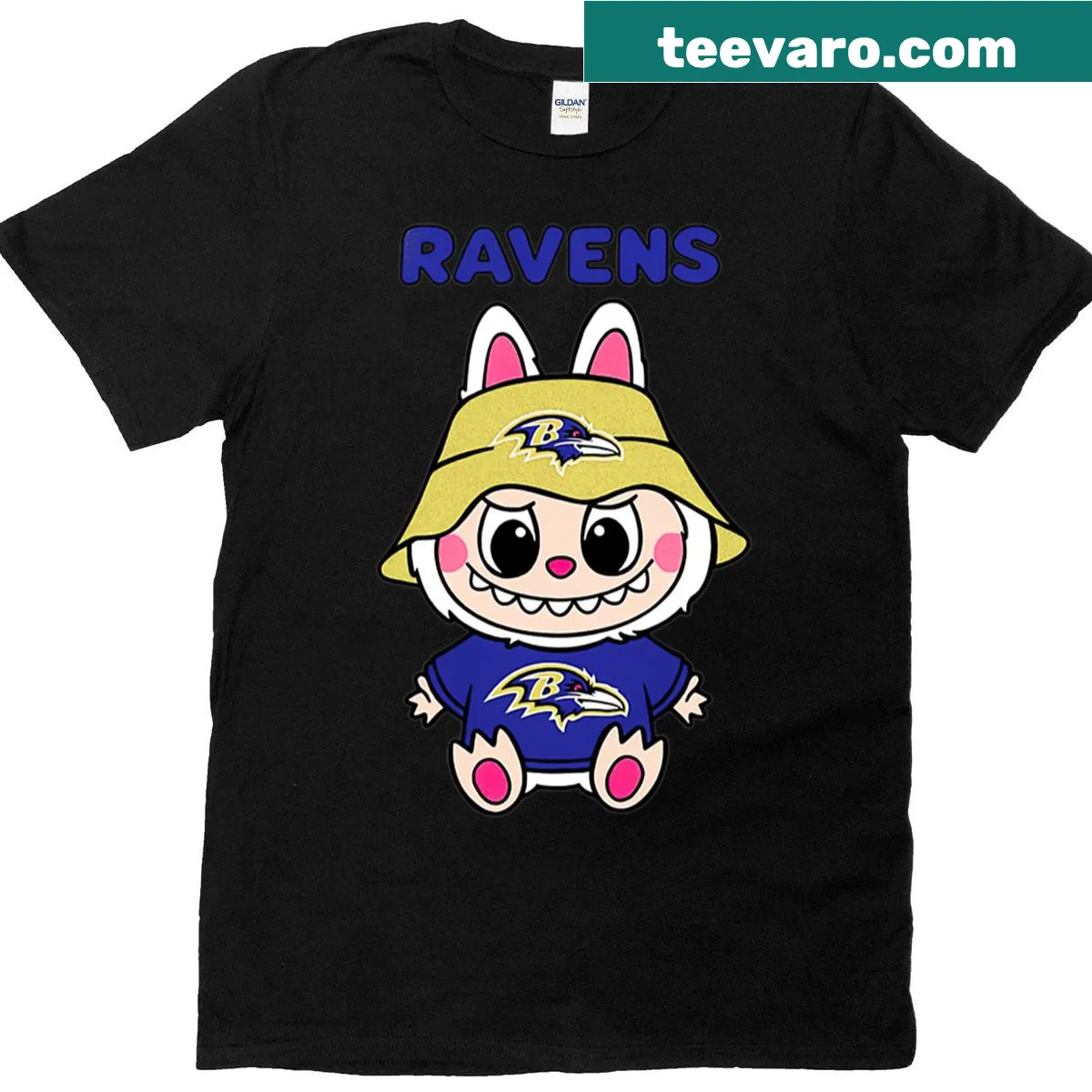 Illustration of Labubu the Ravens mascot on a football-themed T-shirt — on a men's t-shirt