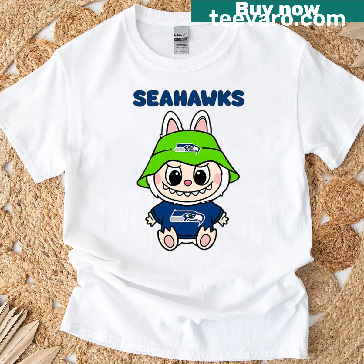 Football-themed Labubu Seahawks design t-shirt — on a men's t-shirt