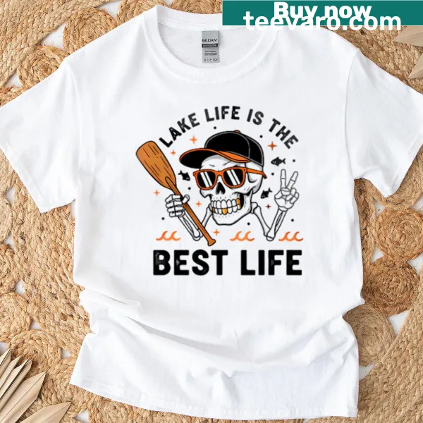 Lighthearted T-shirt featuring a skeleton enjoying lake life with a boater theme.