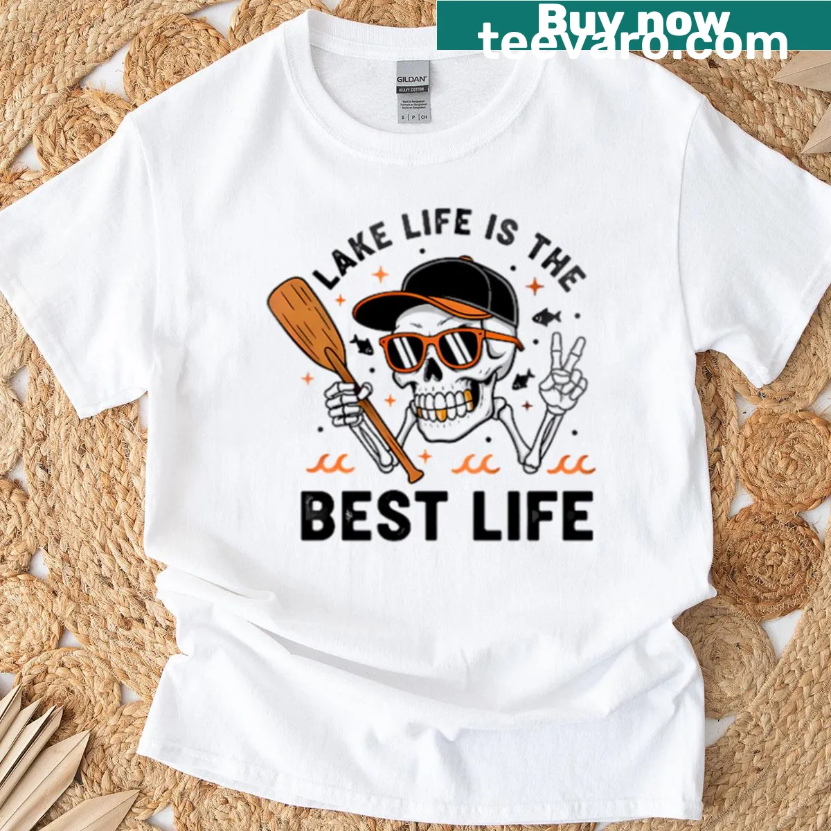 Lighthearted T-shirt featuring a skeleton enjoying lake life with a boater theme. — on a men's t-shirt