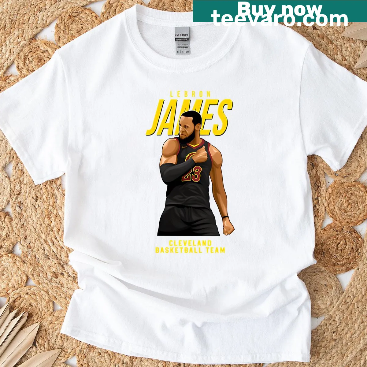 Illustration of LeBron James in his 23 jersey representing Cleveland basketball. — on a men's t-shirt