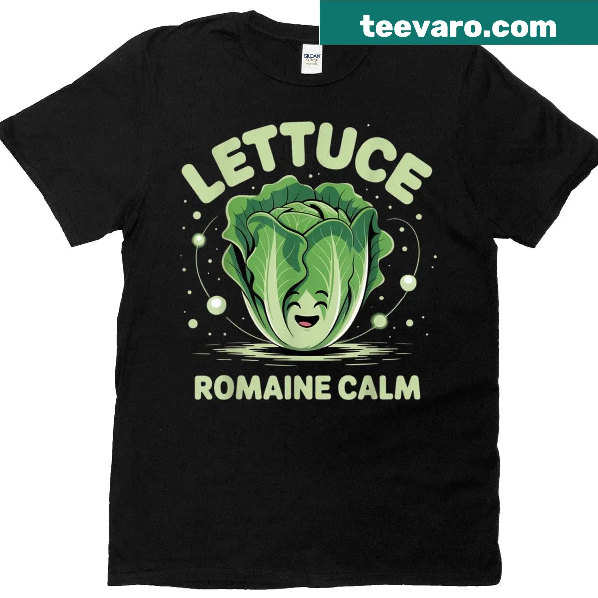 Mindfulness t-shirt featuring lettuce graphic and calm phrase — on a men's t-shirt