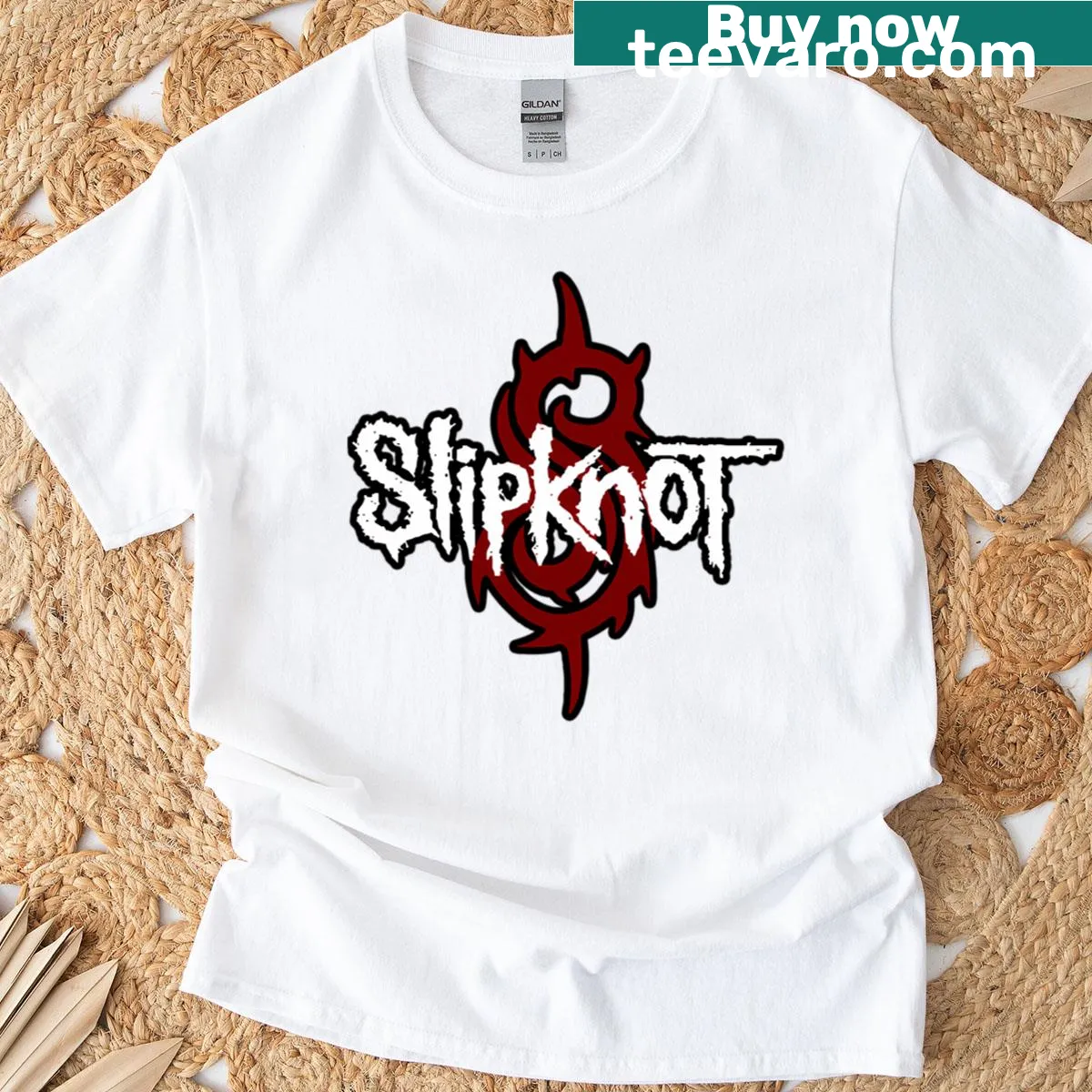 Retro robot illustration T-shirt with red and blue features — on a men's t-shirt