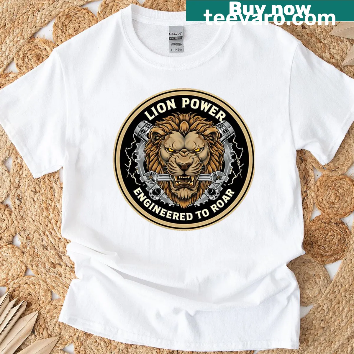 Bold lion graphic T-shirt with 'Powerengineered To Roar' text — on a men's t-shirt