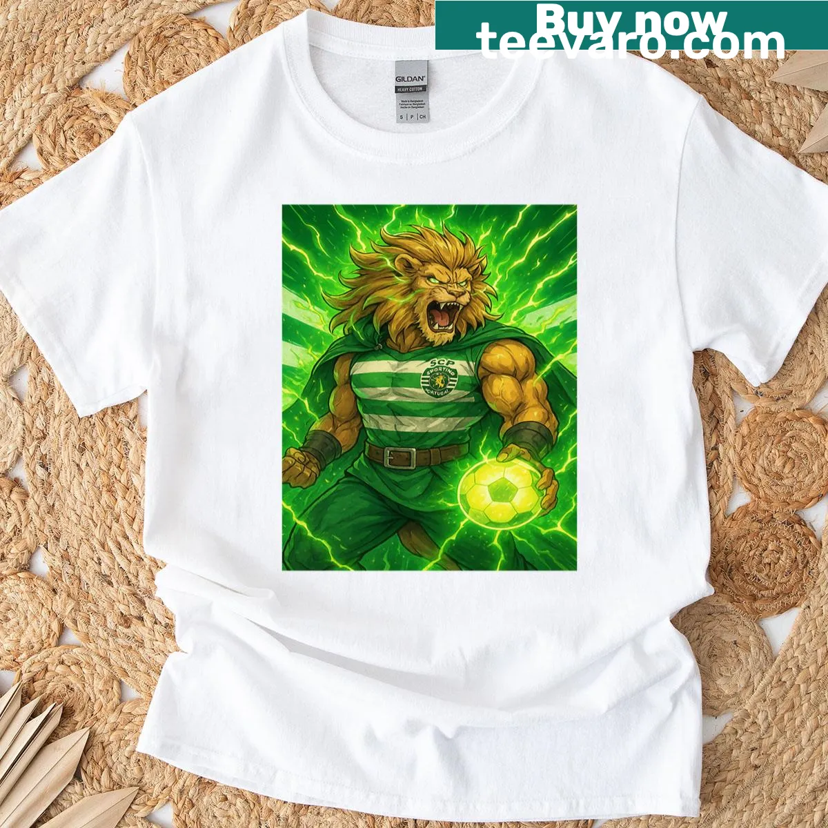 Anime-inspired lion warrior illustration on energetic manga T-shirt — on a men's t-shirt