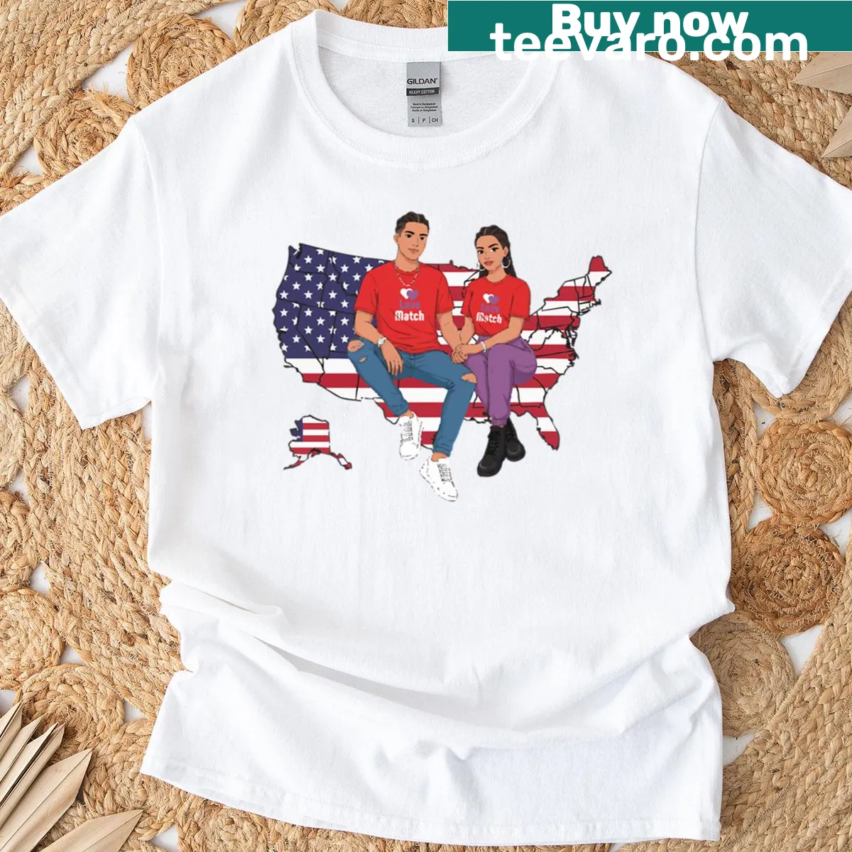T-shirt depicting an American couple united in love across states — on a men's t-shirt