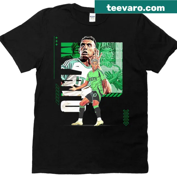Dynamic design of M Uzuni in soccer action on a t-shirt