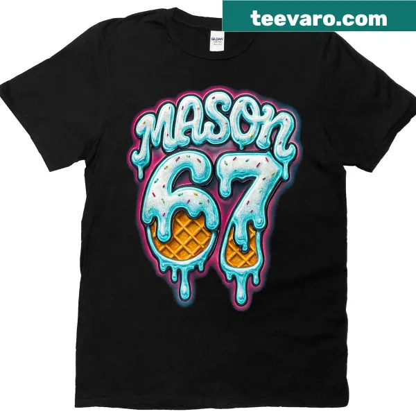 Cartoon-style t-shirt featuring 'Mason 67' and ice cream drip design