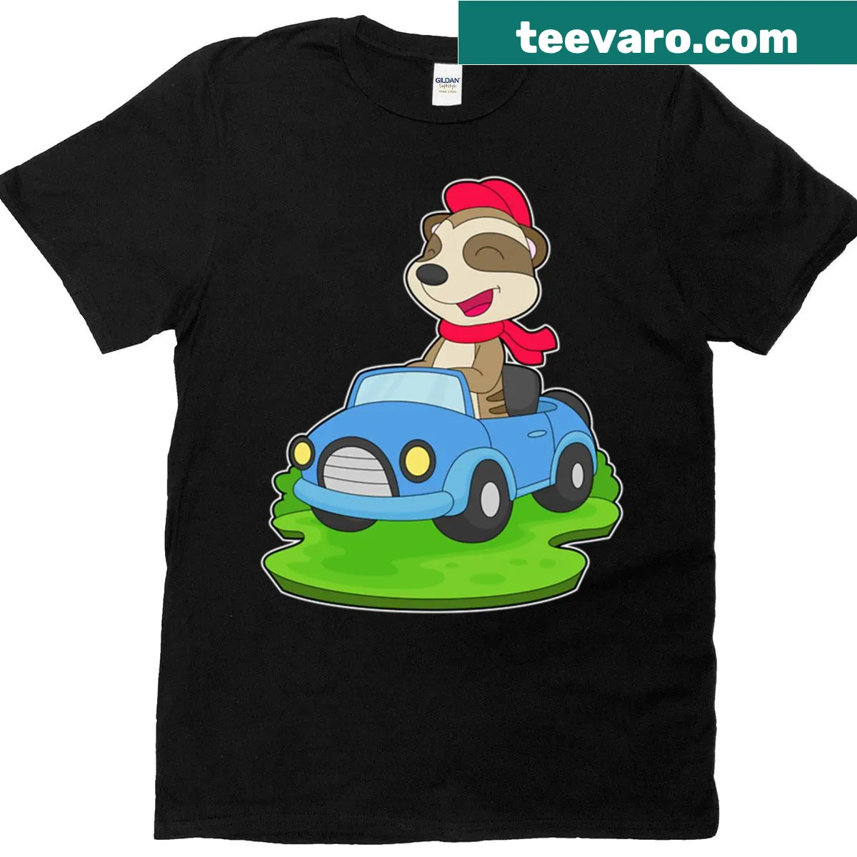Cartoon design of meerkats in a car on t-shirt — on a men's t-shirt