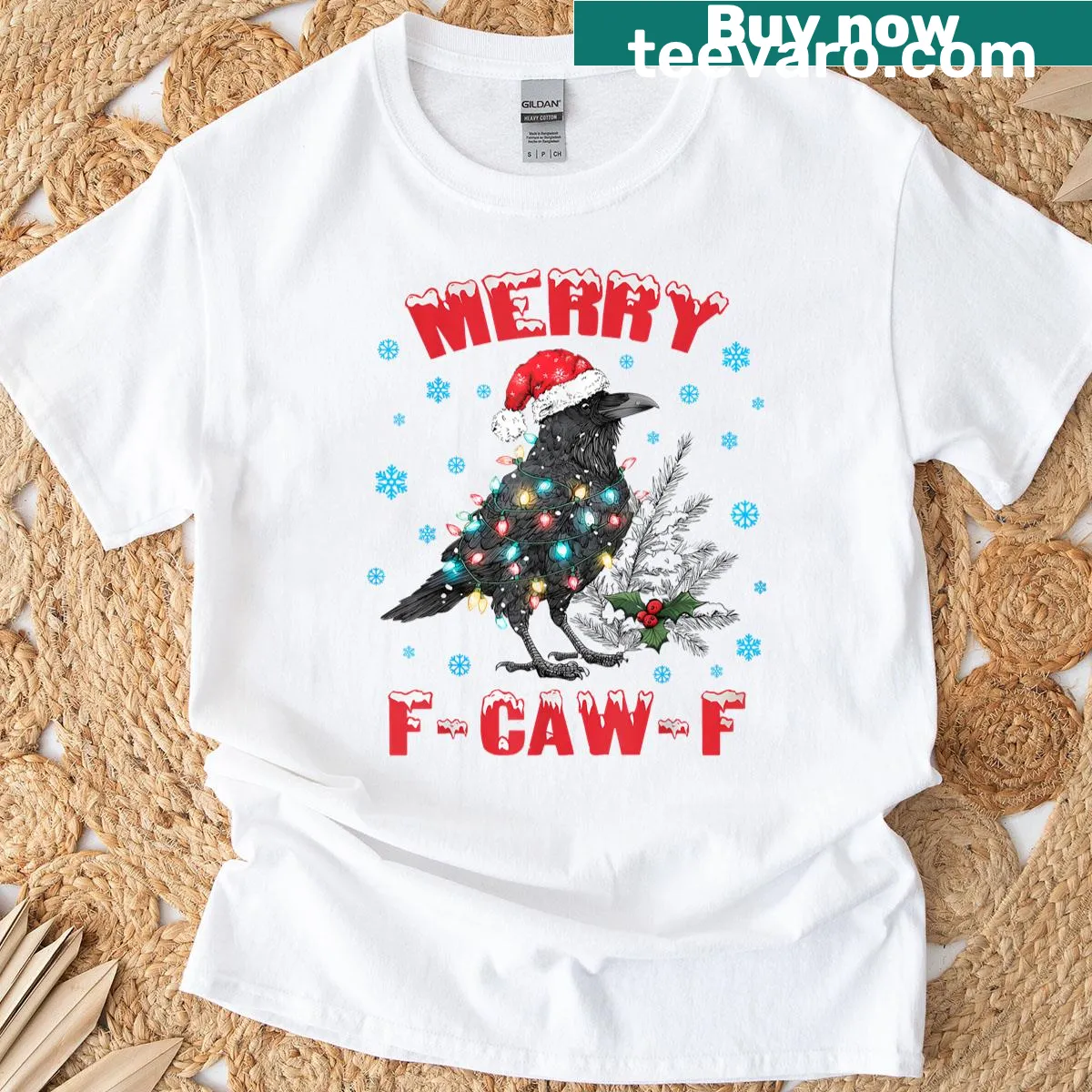 Funny Christmas T-shirt with crow graphic and humorous text — on a men's t-shirt