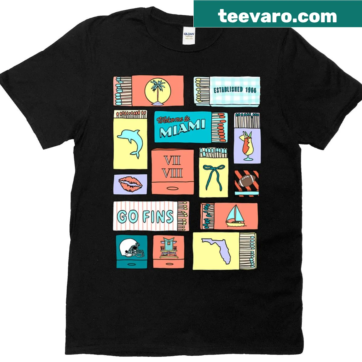Illustrative Miami Matchbox design on a casual T-shirt — on a men's t-shirt
